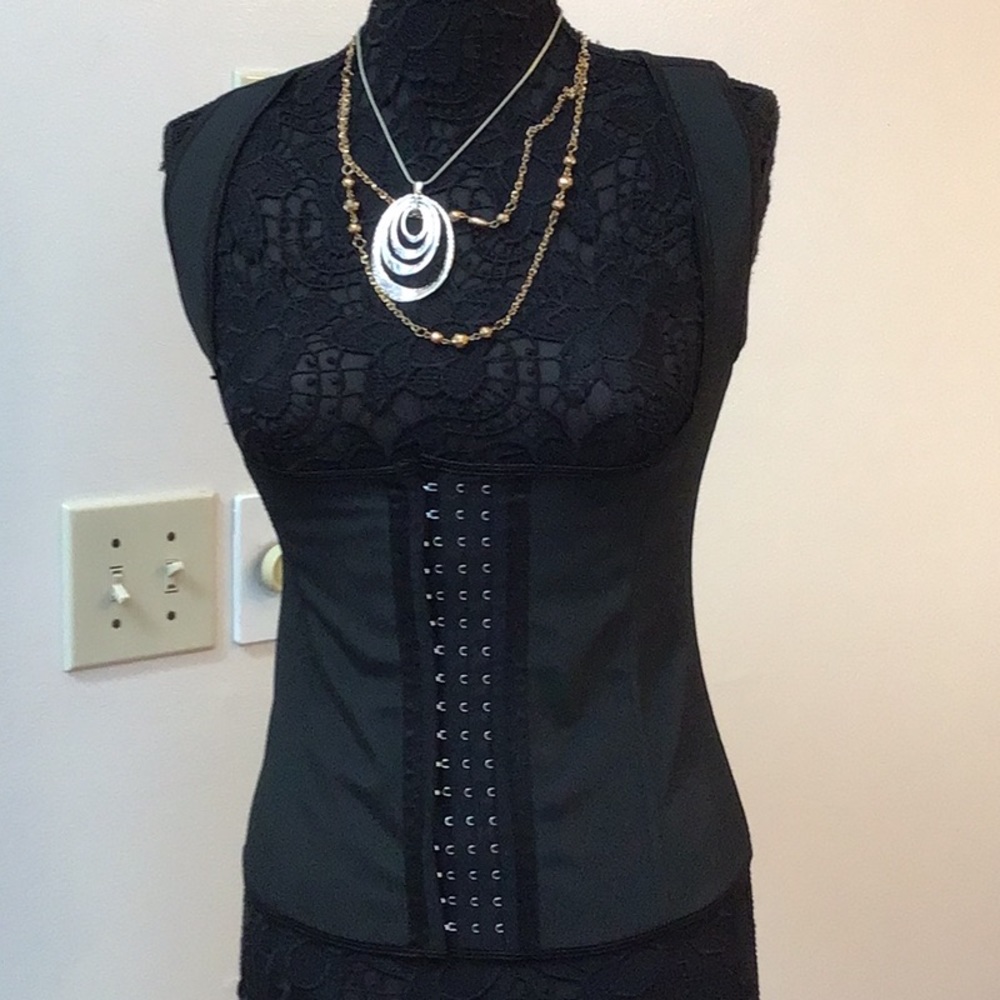 Corset Charmaine, black faux leather steel lined bust lift, adjustable